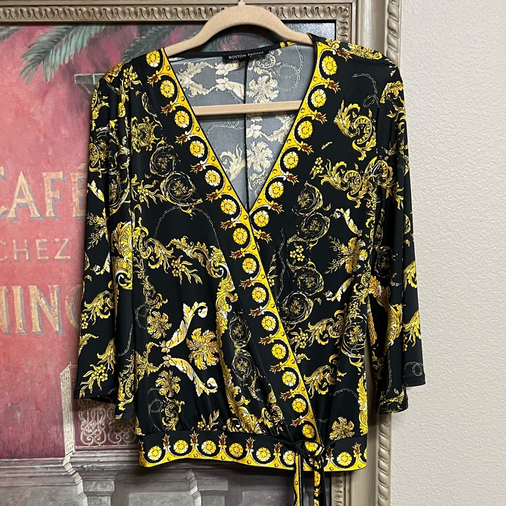Boston Proper Elegant Black and Gold Wrap Look Top